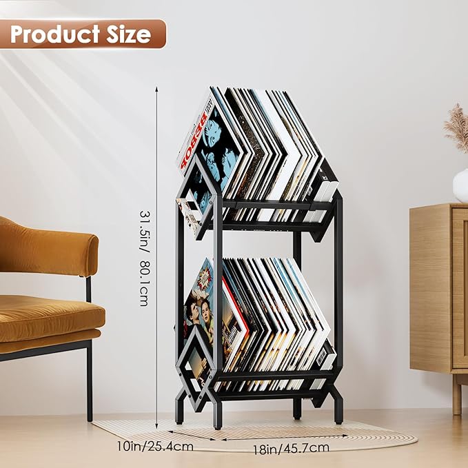 Vinyl Record Storage Rack, Record Holder 160-200 LP Storage Shelf Display Stand for Albums Books Magazines Files, Matte Black