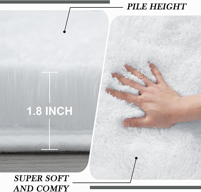 White Shag Area Rugs for Bedroom：White Plush Area Rug 4x6 - Indoor Modern Shaggy Soft Carpet for Living Room Bedroom Kids Room Nursery (White, 4x6 Feet)