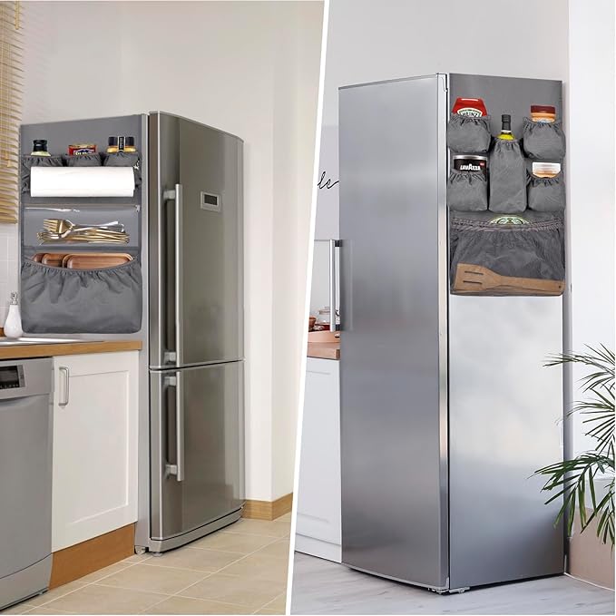 Mini Fridge Organizer Dorm Essentials - Over the Fridge Caddy Organizer, Dorm Room Storage, Mini Refrigerator Dust Cover Top with 12 Extra Large Fabric Pockets for Office Kitchen Home School, Grey