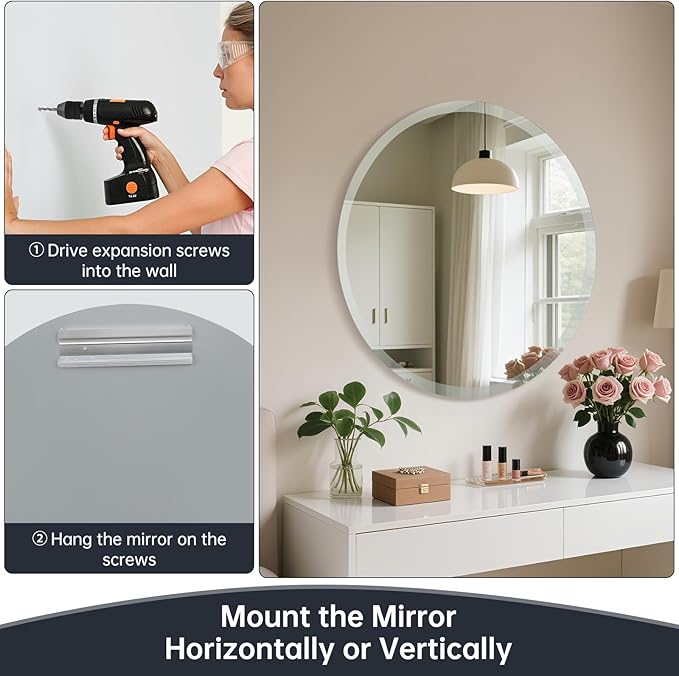 Frameless Round Mirror 24 Inch, Round Mirror with 1 inch Beveled Edge, Beveled Bathroom Mirrors for Vanity, Living Room, Entryways