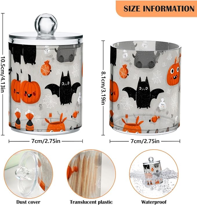 2 Pack Apothecary Jars Halloween Black Bats Bathroom Vanity Storage Organizer Set,Small Clear Plastic Storage Jars Bathroom Canister for Cotton Swabs, Rounds, Balls, Qtips,Makeup Sponges, Floss