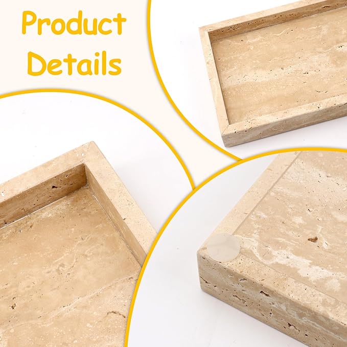 Natural Travertine Tray, 9.7x5.5 Inch Bathroom Vanity Organizer for Perfume Jewelry Candle Makeup,Decorative Stone Tray for Bathroom Toilet Tank Kitchen Sink Table, Beige