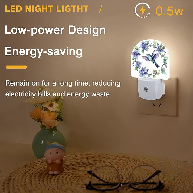 Floral Night Light, Hummingbird Wreath Night Lights Plug into Wall Dusk to Dawn Sensor Round Nightlight for Women Men Energy Efficient Led Lamp 0.5W for Stairway Hallway Bedroom