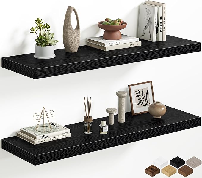 Fun Memories 40 Inch Floating Shelves, 12 Inch Deep Wall Shelves, 40 x 12 Floating Shelf Set of 2, Black Wood Floating Shelf Wall Mounted, Large Kitchen Living Room Bedroom Bathroom Storage Shelves