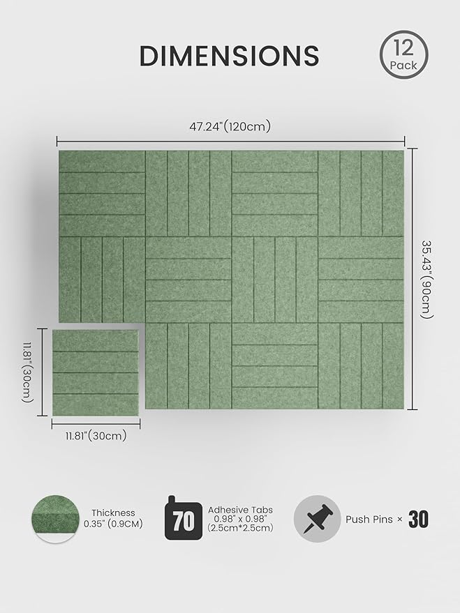 Bumusty Large Cork Board Alternative-48 x 36" Felt Bulletin Board Tiles, with 30 Pushpins, 70 Adhesive Tabs, Bold-Stripe 12-Pack, Cork Boards for Office Push Pin Board Felt Board-Moss Green