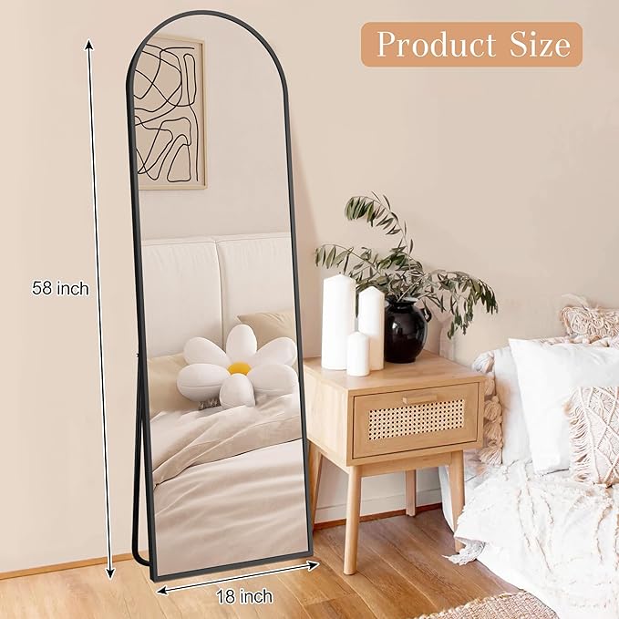 GlasFlength Arched Full Length Mirror, 58"x18" Full Body Floor Mirror with Stand for Bedroom & Cloakroom, Black