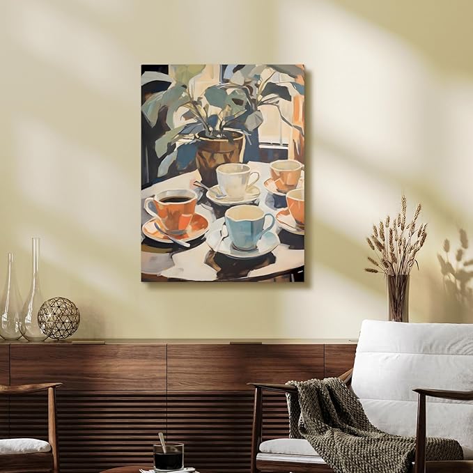 Cyebmo Framed Retro Coffee Wall Art, Coffee Cup Plant Wall Decor, Watercolor Cafe Canvas Painting, Minimalist Vintage Travel Food Poster Print for Home Office Cafe Bar Living Room 16x24 Inch