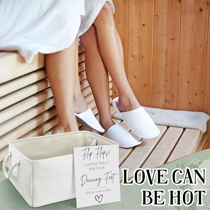 AceOrbit Wedding Basket with Handle "treat for Your Dancing Feet" Table Sign Linen Fabric Rectangular Storage Basket Bin for Organizing Wedding Slippers Bridal Shower Flip Flops Dancing Shoes