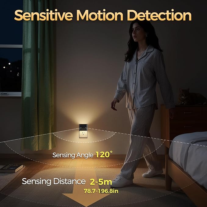 DORESshop LED Night Lights Plug into Wall [2 Pack], Plug in Night light, 3 Level Brightness Adjustable Night Light, Dusk to Dawn Motion Sensor Night Light for Adults, Bedroom, Bathroom, Hallway, 3000K