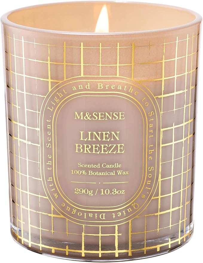 M&SENSE Fresh Linen Scented Candle, Natural Soy, Clean Burn Long Burning, Fresh Air Purifying Home Fragrance, 55 Hours Long Burning 10.3oz, Home Decor Housewarming Gifts for Women