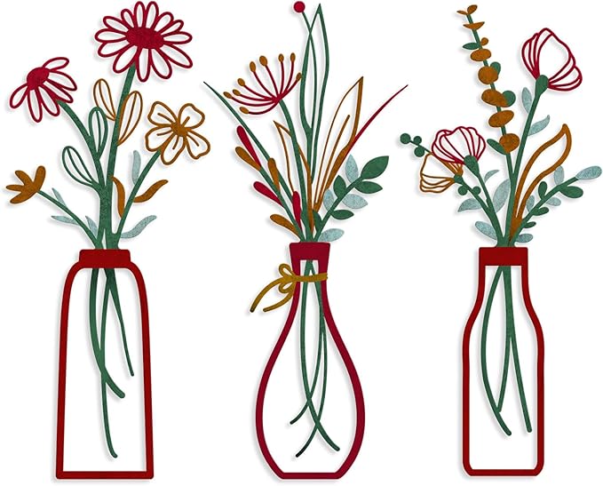 Pigort 3 Pieces Metal Vase Flowers Wall Arts - Rustic Farmhouse Style Décor Metal Wall Art Black Minimalist Flower Natural Themed Wall Decors for Home Bedroom Dining Room Housewarming (Red, Vase-C)
