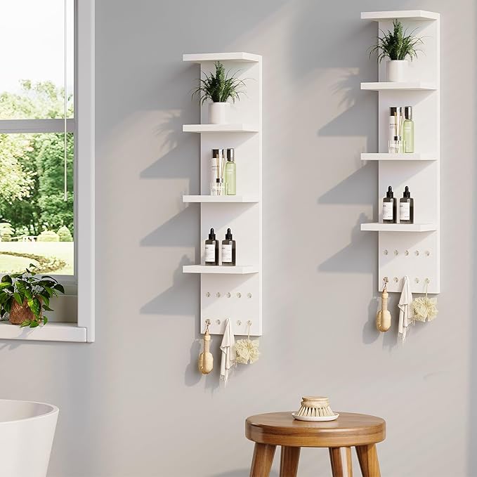 LitaEther 4 Tier White Lack Shelf Vanity Wall Shelf with 10 Crystal Hooks - Multi-Functional Storage for Makeup, Jewelry, Plants, Awards & Display (L7.1 x W5.5 x H30.7) (1)