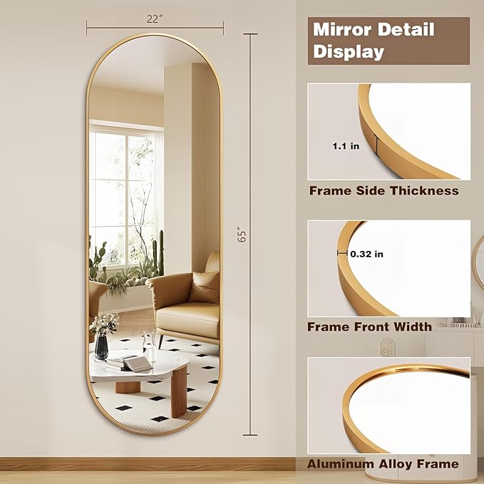 Niccy 65"×22" Oval Full Length Mirrors, Long Wall-Mounted Mirror with Aluminum Frame, Large Body Mirrors for Living Room, Explosion-Proof Hanging Wall Mirror for Bathroom Bedroom Entryway Decor, Gold