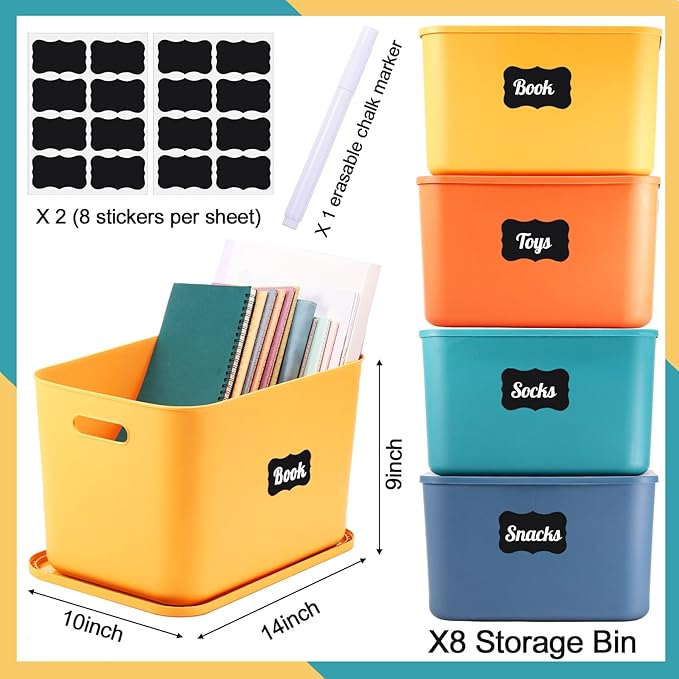 Tanlade 8 Pcs Plastic Storage Bins Stackable Baskets with Lid and Handle Colorful Desktop Storage Box Cubby Containers for Shelf Bedroom Office, Include 1 Erasable Marker, 16 Stickers (14 x 10 x 9 In)