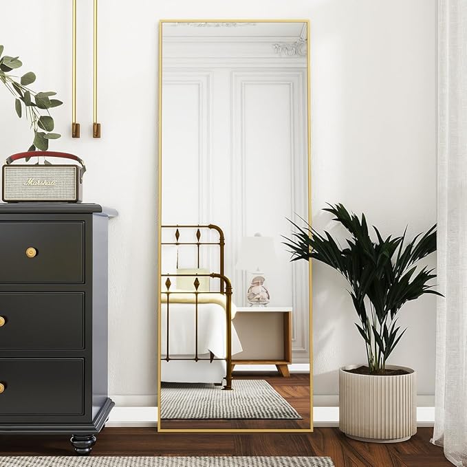 VooBang Mirror Full Length, 21" x 64" Floor Mirror with Stand, Aluminum Alloy Frame Full Body Mirror, Standing Hanging or Leaning Against Wall for Bedroom and Living Room, Gold