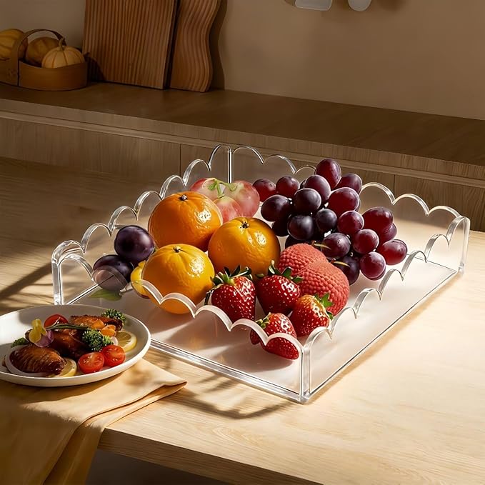Scalloped Acrylic Tray with Magnetic Mat - 8x8in Customizable Display for Photos, Art & Notes | Non-Slip Base | Elegant Décor & Organizer for Jewelry/Cosmetics for Women/Mom/Weddings