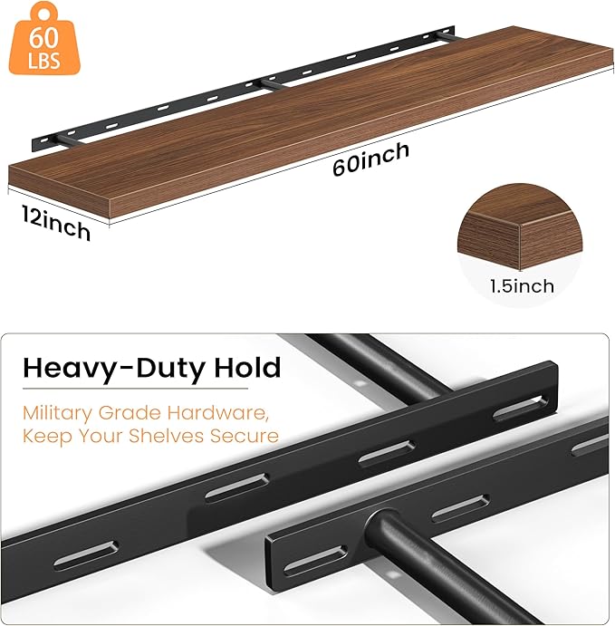 12 Inch Deep Floating Shelves, 60W x 12D Floating Shelf for Books, Rustic Wood Deep Wall Shelves for Home Storage & Display, 1.5" Thicked Shelves for Kitchen, Living Room, Bedroom, Walnut, 1 Pack