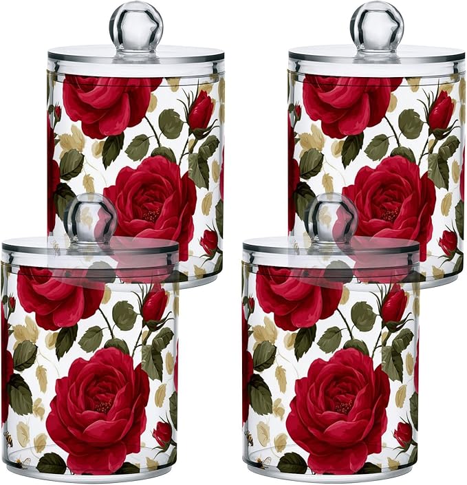 2 Pack Apothecary Jars Plump Red Roses and Bees Bathroom Vanity Storage Organizer Set,Small Clear Plastic Storage Jars Bathroom Canister for Cotton Swabs, Rounds, Balls, Qtips,Makeup Sponges, F
