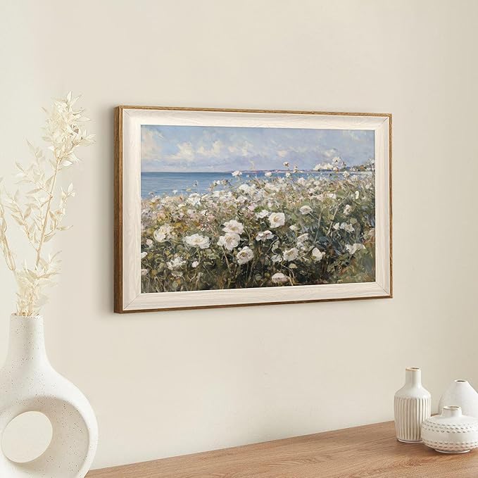 ASTRDECOR Framed Canvas Wall Art Room Decor, Vintage Landscape Wall Art for Home Decor Aesthetic Artwork, Coastal Scenery Nature White Wildflowers Oil Painting Pictures Bathroom Wall Decor 16''x24''
