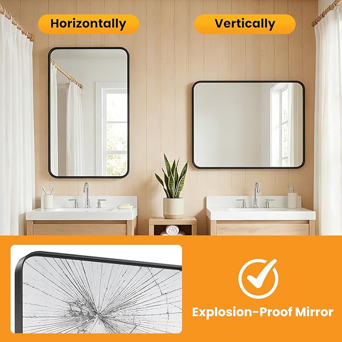 OLIXIS Bathroom Mirror for Over Sink, 22x30 Inch Wall Rectangle Mirror with Matte Metal Framed, Modern Wall Mount Vanity Mirror for Home Decor, Living Room, Bedroom, Black