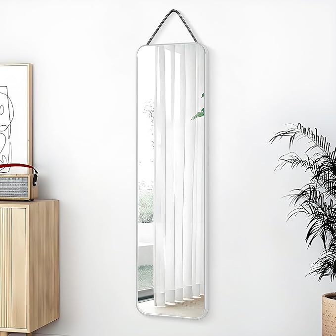 SCWF-GZ 47x14 Mirror Full Body Length Door Hanging/Rope Hang/Wall Mounted Metal Frame Rectangle Mirrors for Bedroom Bathroom Dressing Living Room 47 inch Silver