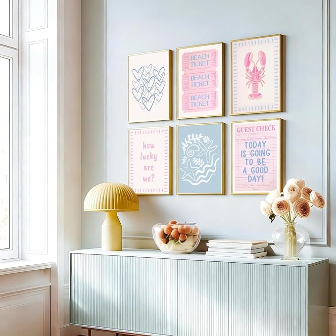 Zuowclli 6Pcs Coastal Granddaughter Wall Art Prints Pink Blue Beach Beach Preppy Wall Decor Pictures Summer Beachy Aesthetic Posters for Girly Bedroom Dorm Apartment Home Decoration Unframed 8x10in