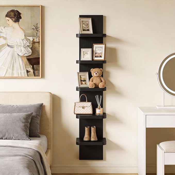 Versatile 5 Tier Wall Shelf Unit, Floating Shelves for Wall (Round Corner), Vertical Lack Wall Shelf for Bedroom, Vanity, Living Room, Home Decor Makeup Organizer Display, Black