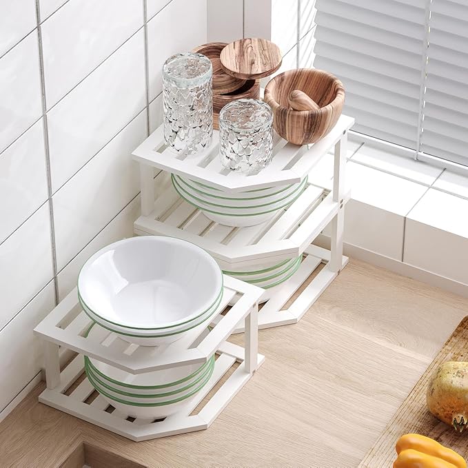VERTORGAN Bamboo Corner Shelf(3 Pack),2 Tier Plate Organizer for Cabinet and Countertop,Pantry Dish and Spice Rack for Kitchen(White)