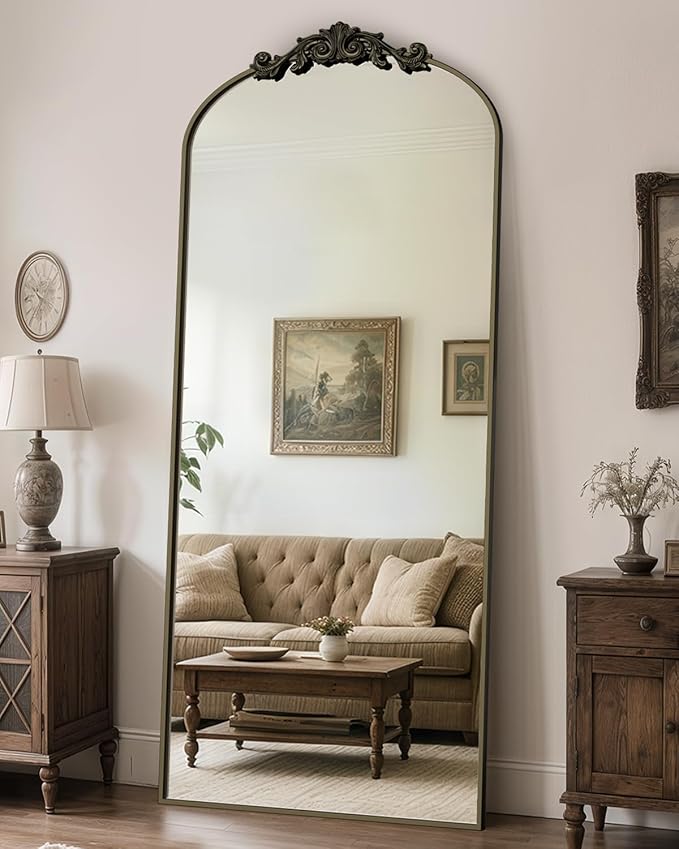 Antok Arched Full Length Mirror, 71"x32" Floor Mirror with Carved, Full Body Mirrors for HomeDecor, Standing/Halling Large Wall Mirror for Bedroom, Living Room, Cloakroom, Bronze, Retro Style