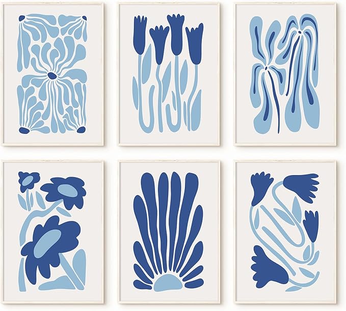Matisse Flower Wall Art Prints Blue Abstract Wall Decor Aesthetic Canvas Wall Art Picasso Gallery Posters Matisse Preppy Pictures Flower Paintings for Bathroom 8x10 Inch Unframed Set of 6