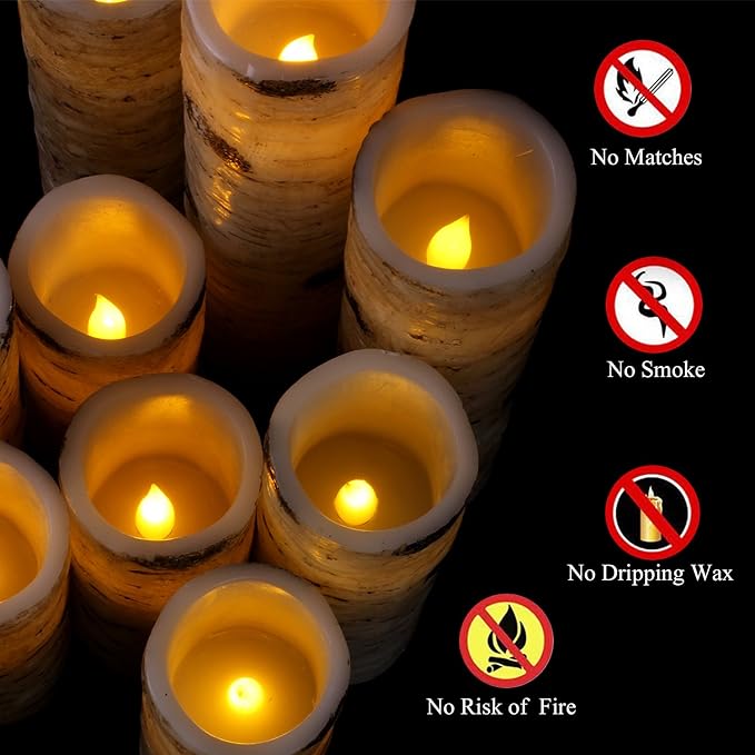 Vinkor Flameless Candles Battery Operated Candles Birch Effect 4" 5" 6" 7" 8" 9" Set of 9 Real Wax Pillar LED Candles with 10-Key Remote Control 2/4/6/8 Hours Timer