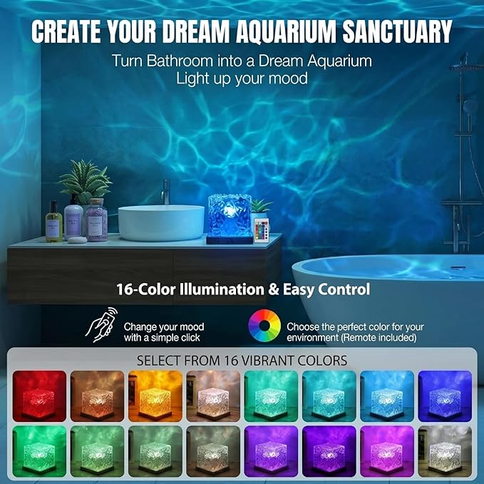 Rechargeable Ocean Wave Projector Light, 16 Color Changeable & Dimmable Shower Lamp with Remote, Cube Mood Ambient Lighting, Ocean Room Decor, Cordless Night Light for Bathroom, Room Decor