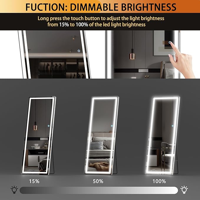 Hasipu Full Length Mirror with Lights, 61" x 22" LED Floor, Full Body Dressing Standing, Hanging Mounted Mirror, Round White