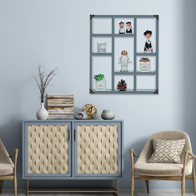 17.7x15.7-Inch Shadow Box Shelf 9-Slot Rustic Floating Shelves Larger Wall Mounted Shelf Lightweight Solid Wood Display Shelf Freestanding Farmhouse Shelf (9C-Dark Gray)