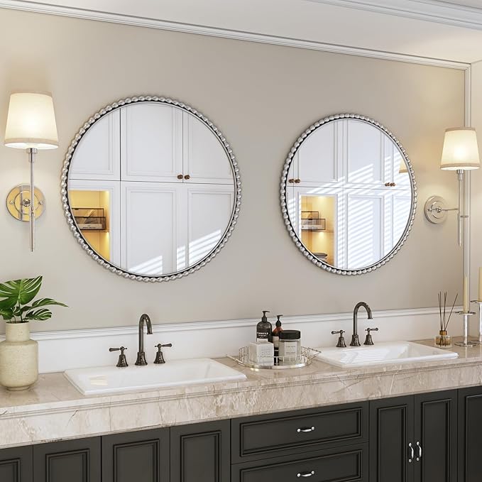 Uniclinens Beaded Round Wall Mirror 31.5" - Large Vintage Mirror Wall Decor with Metal Frame, Ideal for Entryway, Fireplace, Living Room, Hallway, Bathroom, Silver