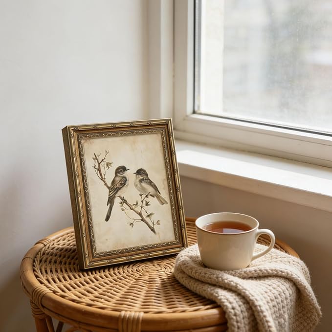 Vintage Gold Framed Wall Art Neutral Summer Bird Wall Art Vintage Botanical Birds Nature Wall Decor Picture Rustic Cottage Gallery Poster Print for Living Room Bedroom 12x16in