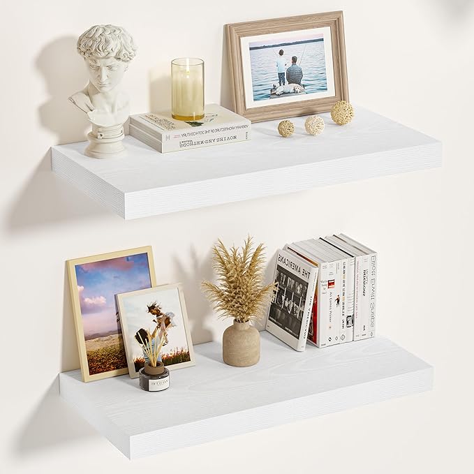 Vivelove White Floating Shelves Over Toilet 12 Inches Deep, 16x12 Floating Shelves for Wall with Invisible Brackets, Room Shelves for Living Room Bedroom Bathroom Kitchen Office, Set of 2