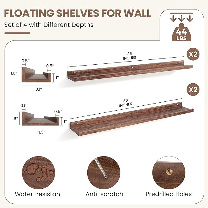 Fun Memories Picture Ledge Shelf, Floating Shelves Set of 4, 36 Inch Picture Shelves for Wall with Ledge, Large Nursery Book Shelf for Toys Storage, Living Room, Bedroom Decor Frames, Walnut
