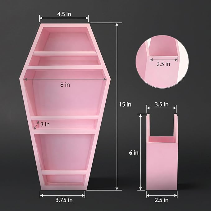 MANNY'S MYSTERIOUS ODDITIES Coffin Shelf Gothic Makeup Organizer Set with Brush Holder & Gift Box, Gothic Decor Accent for Glam Vanity or Spooky Gifts Display - 15 Inches by 8 Inches (Pink)