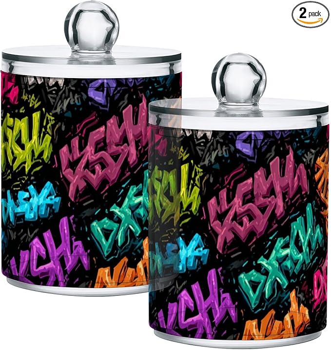 2 Pack Apothecary Jars Artistic Graffiti Font Bathroom Vanity Storage Organizer Set,Small Clear Plastic Storage Jars Bathroom Canister for Cotton Swabs, Rounds, Balls, Qtips,Makeup Sponges, Flo