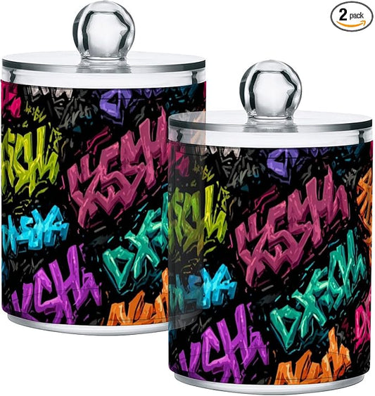 2 Pack Apothecary Jars Artistic Graffiti Font Bathroom Vanity Storage Organizer Set,Small Clear Plastic Storage Jars Bathroom Canister for Cotton Swabs, Rounds, Balls, Qtips,Makeup Sponges, Flo