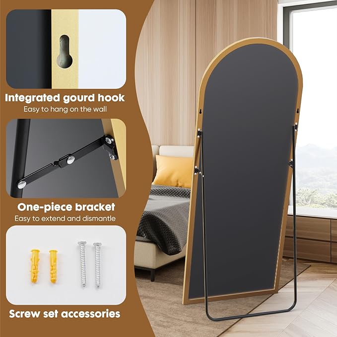 DUMOS Arched Full Length Mirror with Stand 71"x26" Floor Standing Aluminum Frame for Bedroom Body Hanging Leaning Modern Simple Home Decor Shatter-proorf Nano Glass Wall Living Room Cloakroom Gold
