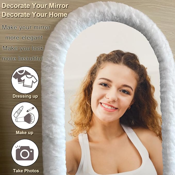 Fluffy Mirror Cover - 59"x16" Full Length Ultra Soft Non-Slip Cover Universal Stretch Cover Warm Home Decor for Bedroom Cloakroom (White-Without Mirror)
