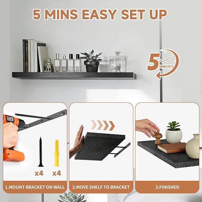 Easy Install Floating Shelves, 15.7 Inch Wall Mounted Wooden Shelf, Small Hanging Shelf for Home Decor, Books and Storage, Organizer for Bedroom, Bathroom, Kitchen, Set of 3, Black