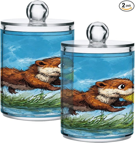 2 Pack Apothecary Jars,Otter Carries Corn Bathroom Vanity Storage Organizer Set,Small Clear Plastic Storage Jars Bathroom Canister for Cotton Swabs,Rounds,Balls,Qtips,Makeup Sponges