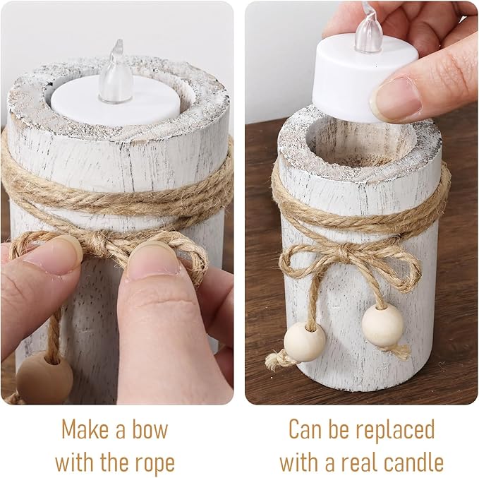 MelonBoat White Pillar Candle Holder:Farmhouse Candle Holders with Battery Operated Candles, Farmhouse Decor with Flameless LED Candles, Wood Centerpieces for Table 3-Pack for Holiday Party Home Decor