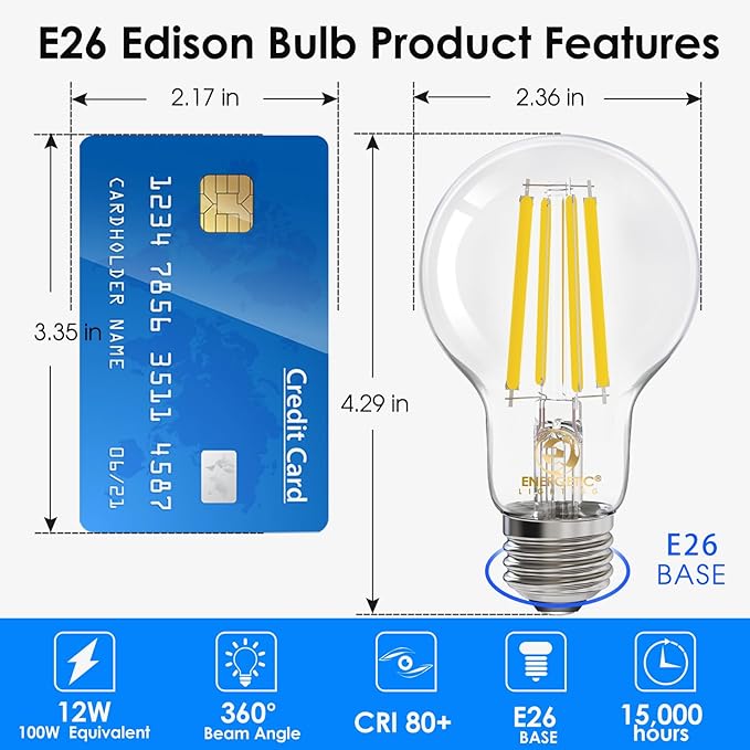 Energetic Dimmable A19 LED Edison Light Bulb, 12W Equivalent 100W, 1600LM High Brightness, 5000K Daylight, Clear Antique LED Filament Bulb for Home, Bathroom, E26 Standard Base, 4-Pack