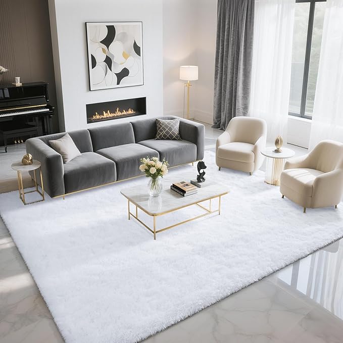 BENRON Fluffy Rugs for Living Room 5x8 White, Washable Large Area Rugs for Bedroom Dining Table Office Kids Nursery Room, Washable Indoor Floor Carpets