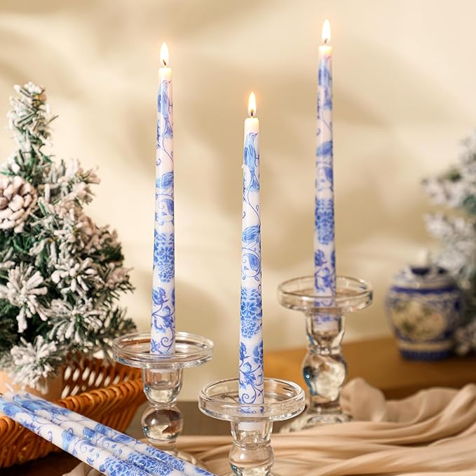 Threlaco 9.8" Long Taper Chinoiserie Porcelain Candlesticks Dripless Bridal Wedding Shower Candle Blue White Decorations Unscented Taper Candles for Party Gift Home Decor
