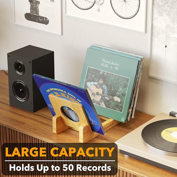 SpaceAid Bamboo Vinyl Record Storage Holder Shelf, Holds Up to 50 Albums, 7 or 12 inch LPs, Vinyl Holder Stand Organizer Display Accessories, Gifts for Vinyl Records Lovers (Natural)